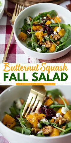 Look forward to this Butternut Squash Fall Salad! Tossed in a homemade apple cider vinaigrette with arugula, dried cranberries, and more, this roasted butternut squash salad is a tasty addition to your Thanksgiving dinner party. Save this Thanksgiving side dish recipe! Thanksgiving Dinner Sides, Roasted Butternut Squash Salad, Thanksgiving Cocktail Recipes, Apple Cider Vinaigrette, Autumn Salad Recipes, Cider Vinaigrette, Fall Salad, Butternut Squash Salad, Homemade Apple Cider