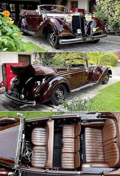 an old car is parked in front of a house and another photo shows the inside of it