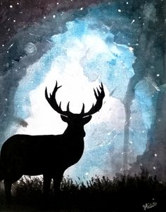 a painting of a deer standing in front of a night sky with stars and clouds