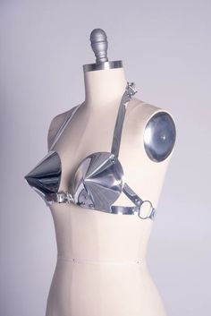 Apatico - Silver Bullet Bra Harness - Metallic Futuristic Top Retro Futurism Fashion, Futuristic Costume, Bra Harness, Metal Bra, Futurism Fashion, Space Cowgirl, Space Fashion, Space Outfit, Bullet Bra