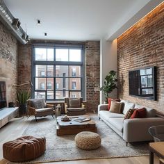 a living room filled with furniture and a flat screen tv mounted on the wall next to a window