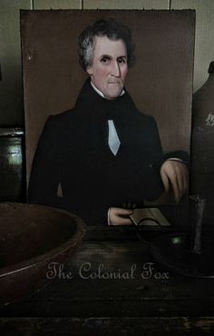 a painting of a man in a black suit and white tie sitting at a desk