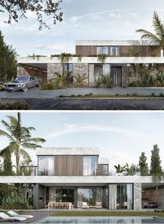 two pictures of a modern house with palm trees in the front and side views on the back