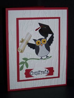 congratulations card with an owl holding a graduation cap and diploma on it's shoulder