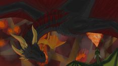 a dragon flying over a red and yellow wall with fire coming out of it's mouth