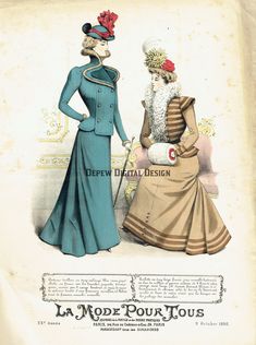 an old fashion book with two women in dresses and hats, one wearing a hat