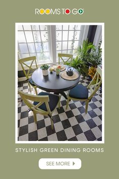 the room is decorated in green and white checkered flooring, with an oval dining table