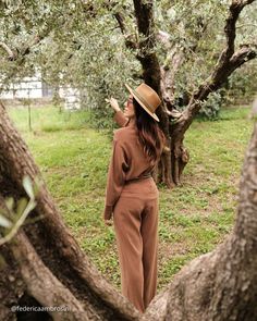 a woman standing in the middle of an olive grove looking up at trees with leaves on them