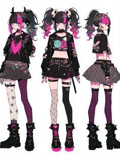 Edgy Pink Outfits Drawing, Punk Fashion Drawing, Scene Character Design, Punk Outfits For Women, Goth Character Design, Punk Oc, Punk Character Design, Drawn Outfits