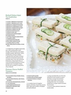 a plate with cucumber sandwiches on it and an article about how to make them