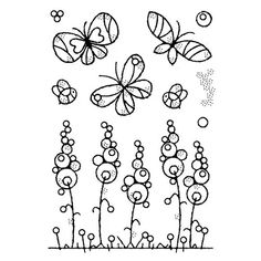 a black and white drawing of flowers with bubbles in the air on top of them