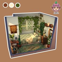 an animated bedroom with plants on the wall and bed in the corner, as well as two potted plants