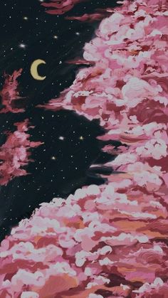 an abstract painting of pink flowers and the moon in the sky with stars above them