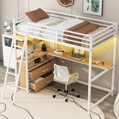 a loft bed with desk underneath it and drawers under the bed, along with an office chair