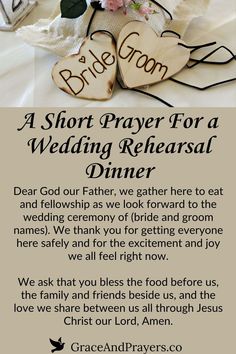 a sign that says, a short prayer for a wedding rehearal dinner dear god our father, we look forward to the