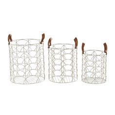 three white wire baskets with brown handles and birds perched on the top, set against a white background