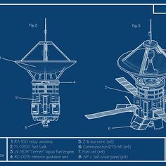 the blueprinted drawing shows an image of a space station and its components, including two