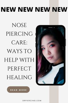 a woman with pink hair is looking at her cell phone and has the caption, nose piercing care ways to help with perfect health