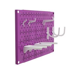 a purple wall mounted coat rack with hooks on it and two white pegs hanging from the side