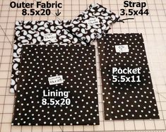 two black and white polka dot bags on a cutting board with measurements for each bag