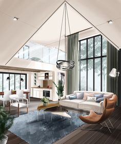 an artist's rendering of a living room with modern furniture and large glass windows