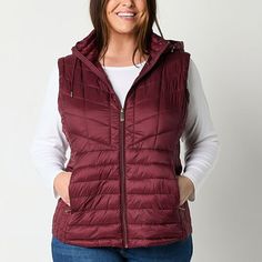 Layer up in style with this versatile Liz Claiborne women's plus puffer vest featuring a stylish quilted design. It's made from a lightweight woven fabric and has a hood, a full-zip front, and front zip pockets. Wear it over a long-sleeve shirt with jeans and boots. Features: PackableClosure Type: ZipperPockets: 2 Front Zip PocketsWarmth Factor: LightweightApparel Length: 26 InchesOuterwear Length: MidFiber Content: 100% NylonFabric Description: WovenFilling Content: 100% PolyesterLining: LinedL Cheap Winter Puffer Vest, Cheap Sleeveless Puffer Vest, Maroon Puffy Vest Outfit, Woman’s Puffer Vest, Royal Blue Puffer Vest, Shirt With Jeans, Puffer Vests, Womens Puffer Vest, Puffer Vest