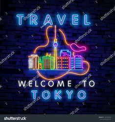 welcome to tokyo neon sign in the shape of a guitar on a brick wall background