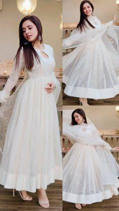 White Anarkali Suits Simple, Anarkali White Dress, Indian Wedding Dresses Simple, White Anarkali Dress Simple, White Dress Outfit Indian, White Long Dress Indian Style, Saree Into Anarkali Dress, Indian Frock Design, Off White Anarkali Suits