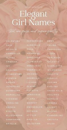 an elegant girl names poster with pink roses