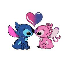 two cartoon animals with hearts on their heads, one is pink and the other is blue