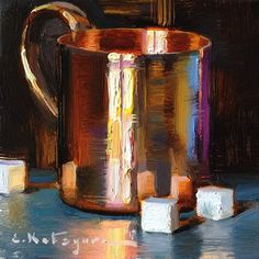 a painting of a copper mug with marshmallows