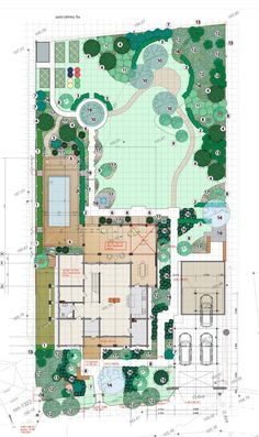 an architectural drawing shows the layout of a house and its surrounding yard, including a swimming pool