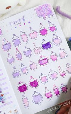 Bullet journal mood tracker spread with potions in all kinds of purple Mood Tracker Journaling, Potion Mood Tracker, Witchy Mood Tracker, Mood Tracker Coloring Page, Mood Tracker Journal Ideas, Mood Calendar Ideas, February Mood Tracker Bullet Journal, Bullet Journal Filler Pages, Mood Journal Ideas