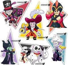 some cartoon characters with different costumes and colors