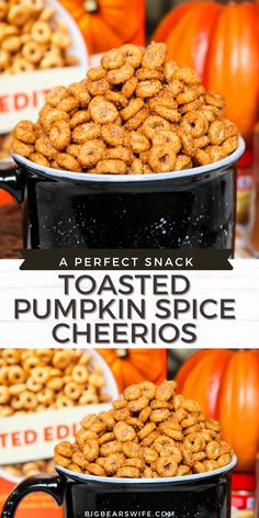 there are two pictures of toasted pumpkin spice cheerios