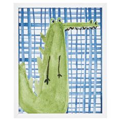 a watercolor drawing of a green alligator in front of a blue and white background