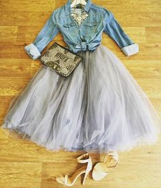 What Can I Wear With Tulle Skirts Right Now 2023 Denim And Diamonds Outfit, Diamonds Outfit, Light Denim Shirt, Blush Skirt, Diamond Party