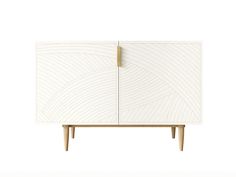 a white cabinet with wooden legs and an abstract design on the front, against a white background