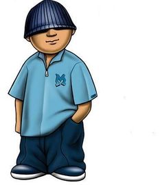 a cartoon boy with a blue shirt and hat standing in front of a white background