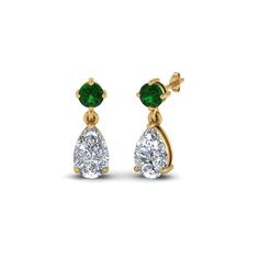 Pear Drop Diamond Earrings with Green Emerald in 14K Yellow Gold exclusively styled by Fascinating Diamonds Pear Shape Earrings, Black Diamond Earrings, Diamond Earring, Discount Jewelry, Platinum Metal, Rose Gold Metal, Pear Diamond, Pear Shaped Diamond