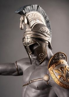 Size: 27.95" high x 17.32" wide x 10.24" deepPorcelain sculpture of Spartan, the famous warriors of ancient Greece.Note: Face mask removes via small magnets. When King Leonidas and the three hundred Spartan Hoplites under his command held off the Persian army at the Thermopylae pass, the courage and sacrifice of these Greek warriors entered into the realm of legend for evermore. This black porcelain sculpture depicts one of those brave soldiers equipped with his spectacular helmet with plumes, a Ares Helmet, Spartan Sculpture, Greek Warriors, King Leonidas, Famous Warriors, Porcelain Sculpture, Greek Warrior, Spartan Warrior, Black Porcelain