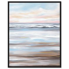 an abstract painting with white and blue colors on the ocean, framed in black frame