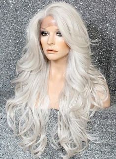 Human Hair Blend Lace Front Full Wig Long Straight Silver Gray 27 Inch Free Cap, #AD, ##Cap, #ADVERTISEMENT, #Free, #Inch, #Gray Silver White Hair, Full Lace Front Wigs, Medium Hair Color, Oval Face Haircuts, Grey Wig, Full Wig, Long Bangs, Full Wigs, Heat Styling Products