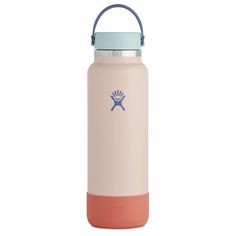 a tan and blue water bottle with an aqua lid on the front, sitting against a white background