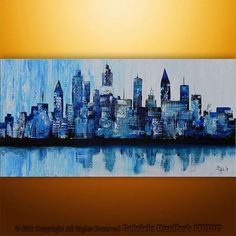 a painting of a cityscape in blue and yellow