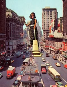 a woman standing on top of a suitcase in the middle of a city