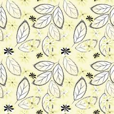 a yellow background with black and white leaves