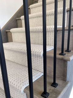 a set of stairs with white carpet and black railings