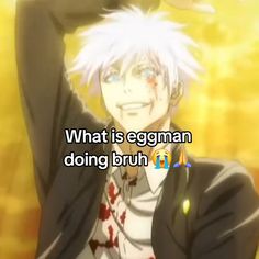 an anime character with white hair is holding his hand up to his head and the caption reads, what is eggman doing bruh?