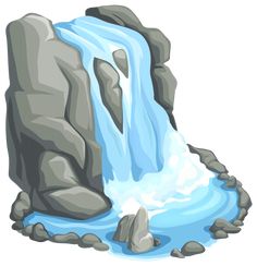 an image of a waterfall with rocks and blue water in the foreground on a white background